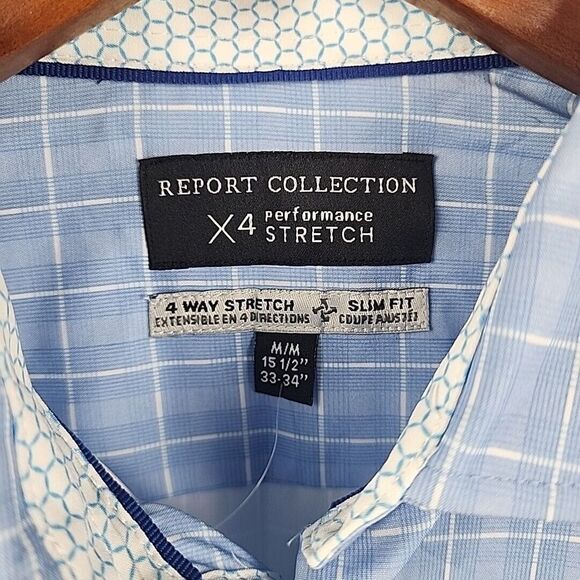 Report Collection Light Blue Plaid Shirt X4 Stretch Long Sleeve Size M 33-34 - Picture 4 of 10